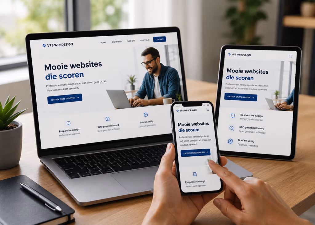 Responsive website van VPS Webdesign op laptop, tablet en smartphone met optimale mobiele gebruikerservaring