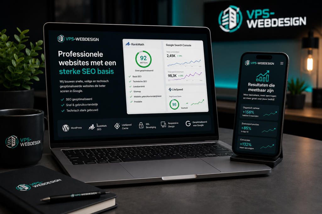 Professionele SEO-geoptimaliseerde website van VPS Webdesign met dashboard, Google Search Console, Rank Math en mobiele weergave