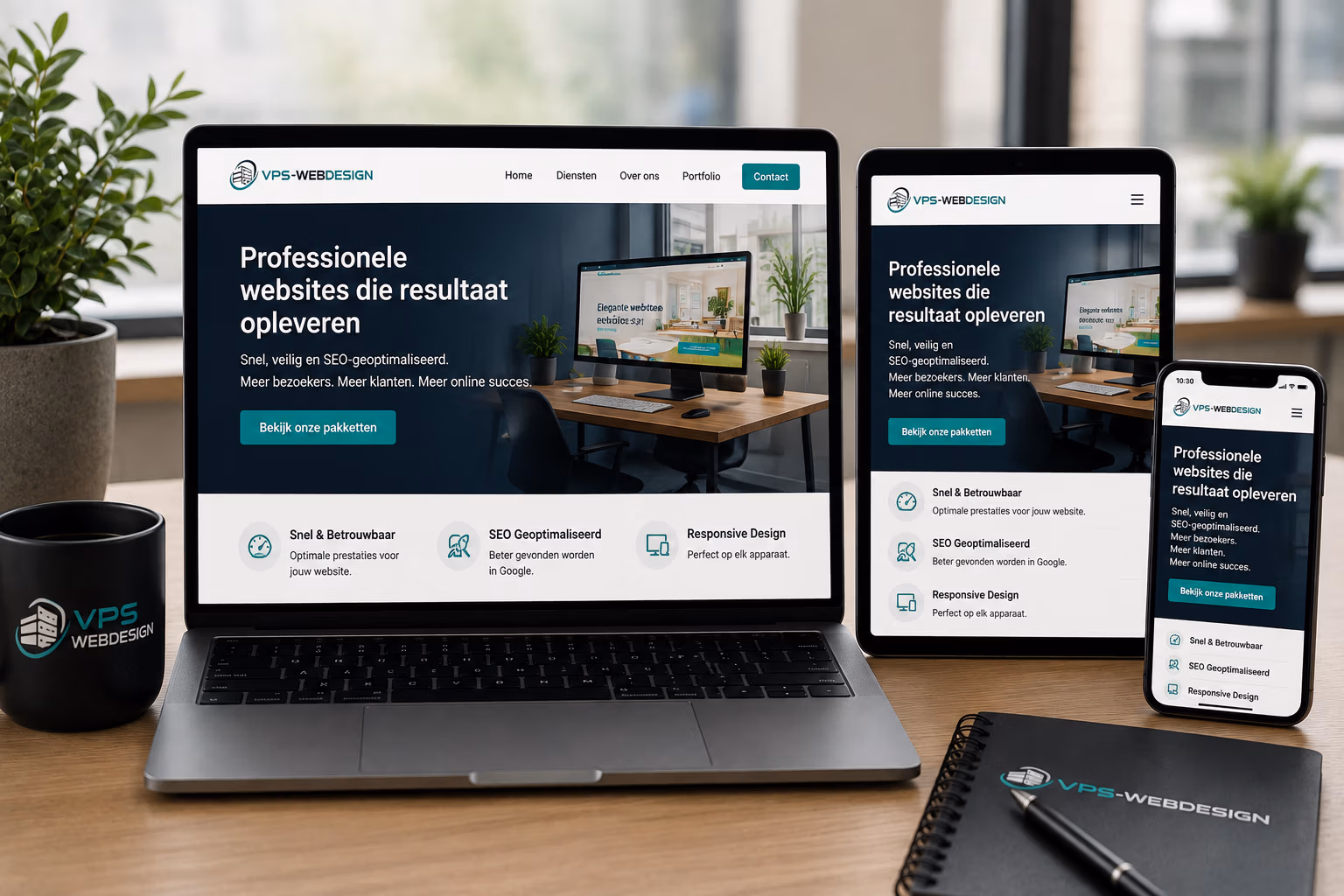 Responsive website van VPS Webdesign weergegeven op laptop, tablet en smartphone voor een optimale gebruikerservaring op elk scherm